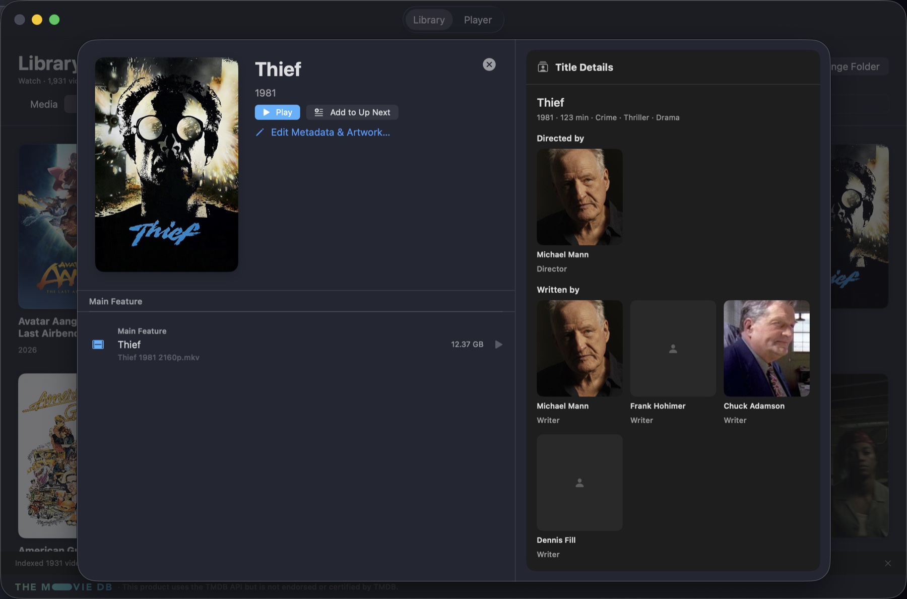 MovieThrow title sheet with poster, playback controls, director, writers, and headshots