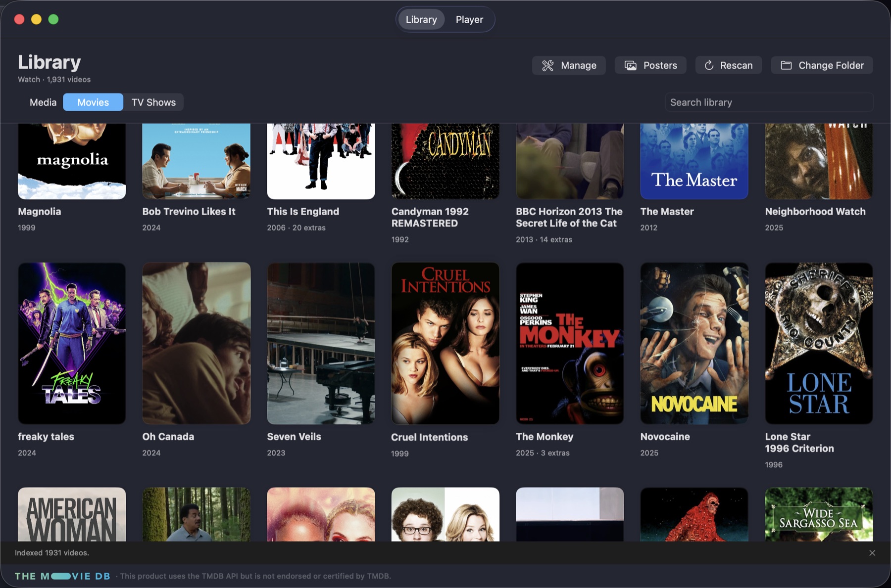 MovieThrow library showing a grid of local movie posters