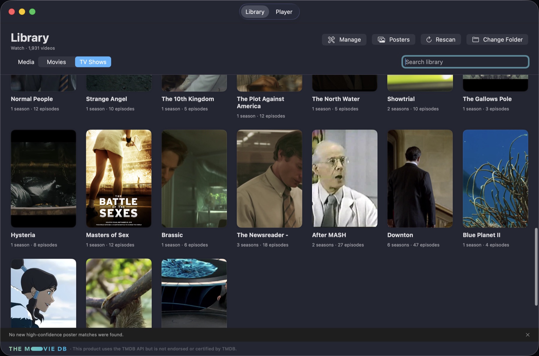 MovieThrow library organizing local television into shows, seasons, and episodes